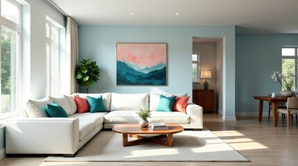 Serene Living Room Interior Design with Modern Sectional Sofa and Abstract Artwork