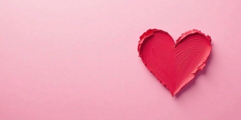 A vibrant red heart-shaped smear of cosmetic product on a soft pink background, showcasing a textured, painterly effect for beauty and design applications