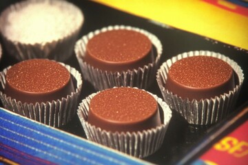 Gourmet chocolate candies displayed on a colorful background, showcasing rich textures and vibrant colors, ideal for sweet treats and dessert photography
