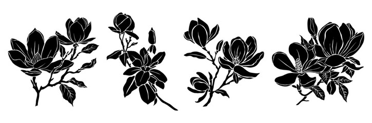 Set of Black silhouettes of decorative fresh blossoming magnolia branch with leaves and flowers. Hand drawn outline flower icon. Vector monochrome illustration isolated