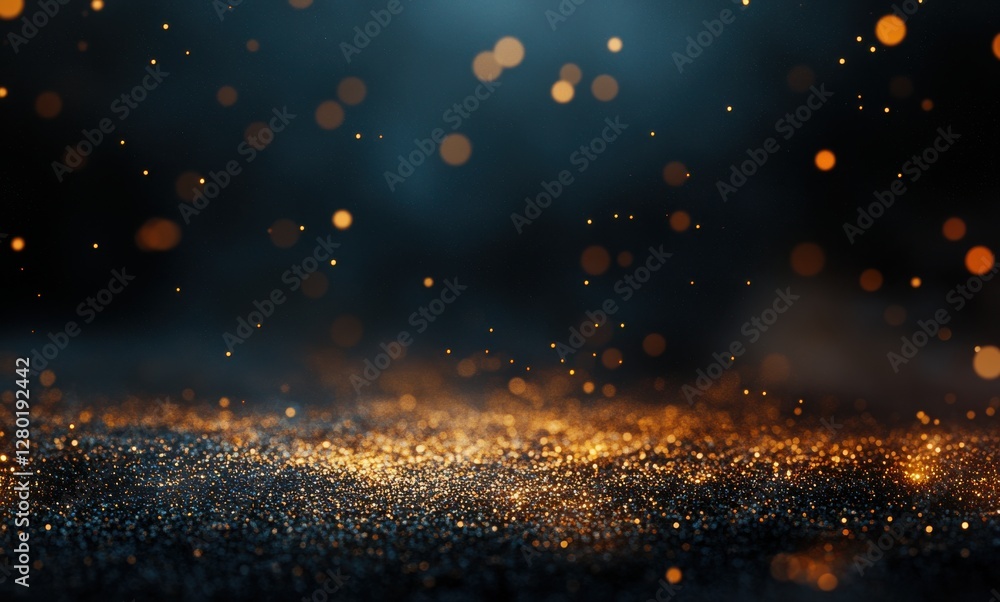 Poster sparkling golden particles floating gracefully in a dark background, creating an enchanting and drea