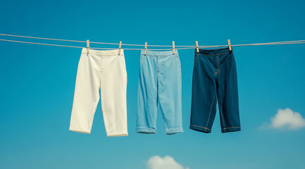 A photo of 3 pants hanging on the clothesline, against a clear sky background.