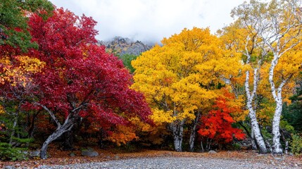 Autumnal forest path, vibrant foliage, mountain backdrop, nature scene, ideal for travel brochures