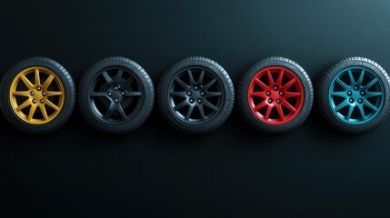 A collection of vibrant car wheels showcased against a dark background, highlighting unique designs and colors.