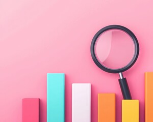 A colorful bar graph with a magnifying glass on a pink background, symbolizing analysis and growth in business metrics.