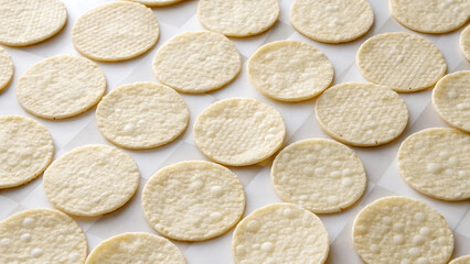 Neatly arranged round rice chips on checkered surface for snack and food design.