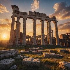 A breathtaking view of ancient Roman ruins with a golden sunset in the background.