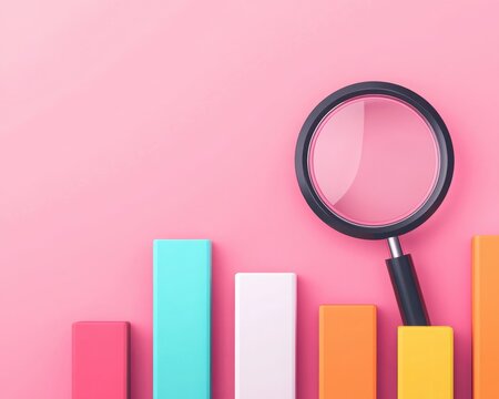A colorful bar graph with a magnifying glass on a pink background, symbolizing analysis and growth in business metrics.