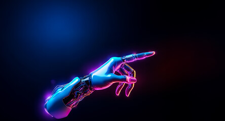 A neon-lit robotic hand with blue and pink hues points towards the right against a dark backdrop, evoking futuristic technology and artificial intelligence.