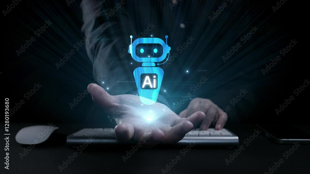Poster human interact with ai artificial intelligence virtual assistant chatbot in concept of ai artificial