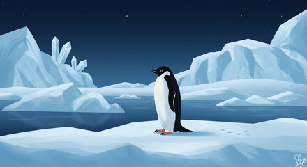 Lone Penguin Standing on Ice in Antarctica Under Starry Night Sky
