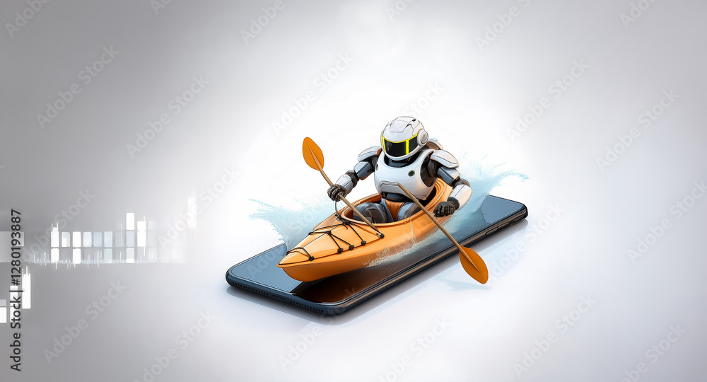 Poster futuristic robot kayaking on a smartphone. robot is paddling an orange kayak on the surface of a mob