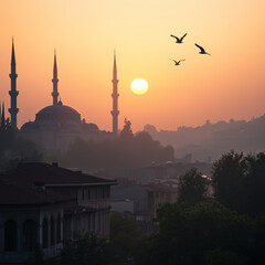 silhouette mosque at the beautiful sunset