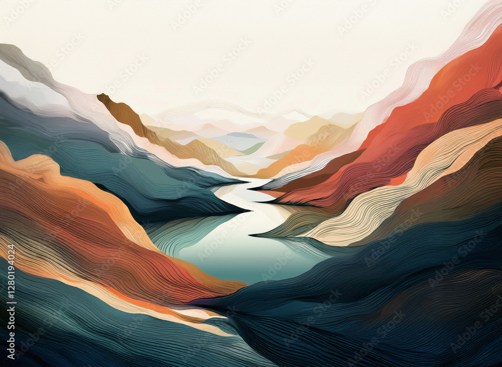 Poster abstract mountain scenery with a river flowing through colorful rolling hills against a soft gradien