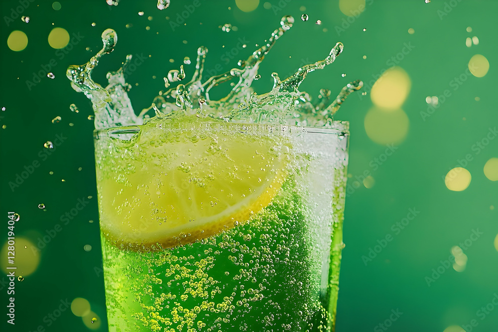 Poster refreshing green drink with lemon splash creating dynamic water droplets
