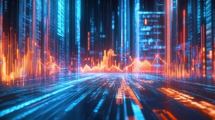 Futuristic data visualization with glowing graphs and digital cityscape in the background