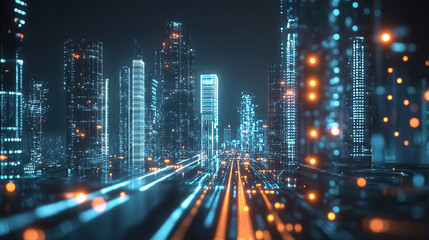 Fototapeta premium Smart city concept featuring glowing buildings and digital pathways, captured at night with soft ambient light, showcasing a futuristic urban landscape.