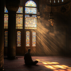 silhouette of a man praying alone in the mosque