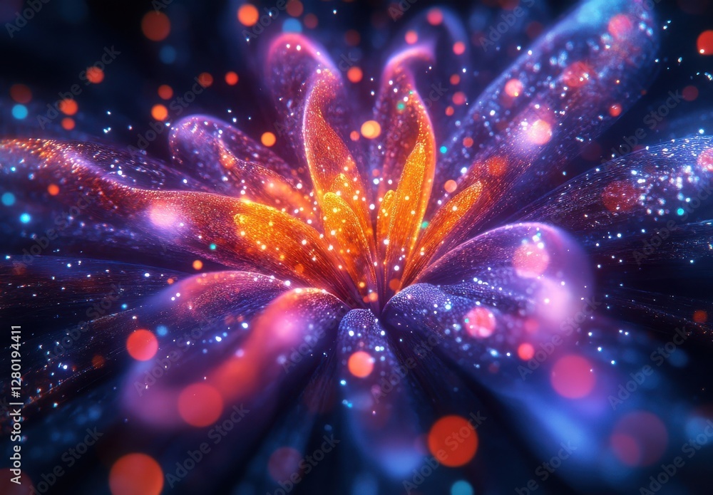 Poster stunning abstract flower design with colorful lights and sparkling particles in a vibrant universe o
