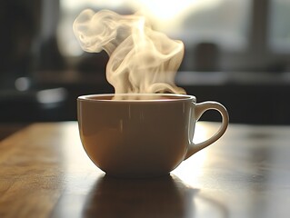Steaming cup of coffee sits on a wooden table
