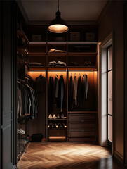 luxury walk-in closet interior with clothes