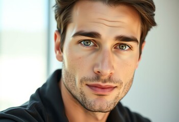 Obraz premium Portrait of a male person with thick and bushy brows in natural light