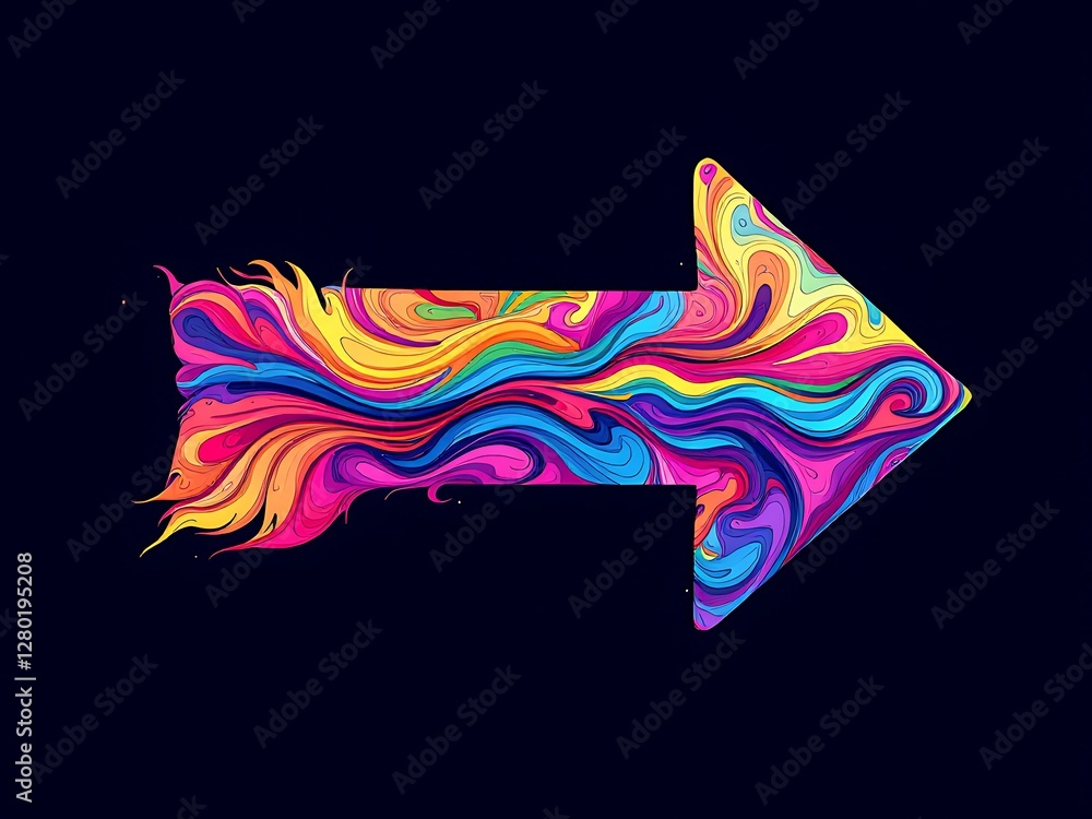 Poster psychedelic arrow with vibrant swirls and dynamic fluid art direction for bold visual communication