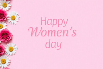 Pink background Women's Day design with cursive text and flowers