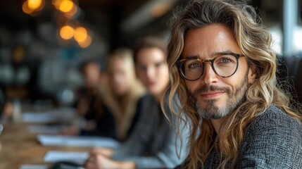 Man with long hair in cafe, team meeting