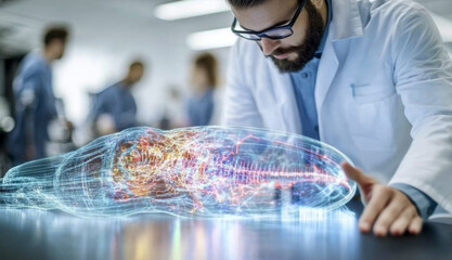 Interns in a modern medical lab engage in a collaborative project involving virtual human anatomy. They analyze a digital hologram, enhancing their understanding of complex structures.