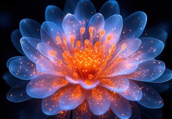 Stunning glowing lotus flower with vibrant orange and blue lights on petals, creating a magical ethereal effect in a dark background