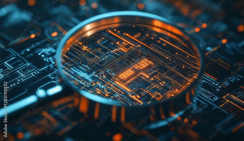 Poster magnifying circuit board, examining microchip, technological advancement