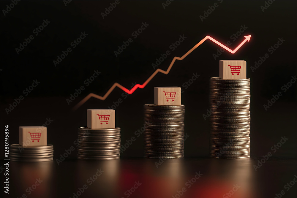 Poster a visual representation of e-commerce growth, featuring shopping cart icons on stacks of coins with 