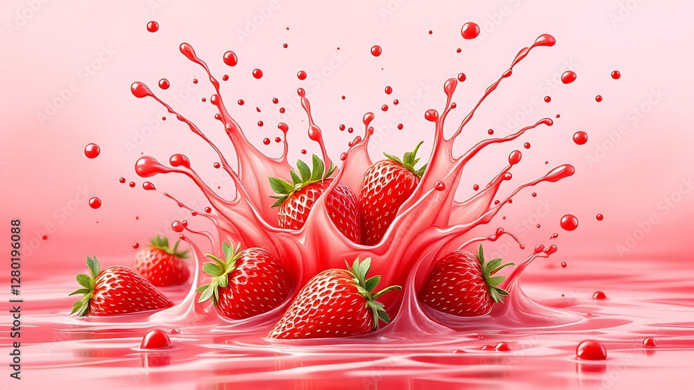 Poster strawberries splashing into pink liquid creating an abstract artistic and vibrant design