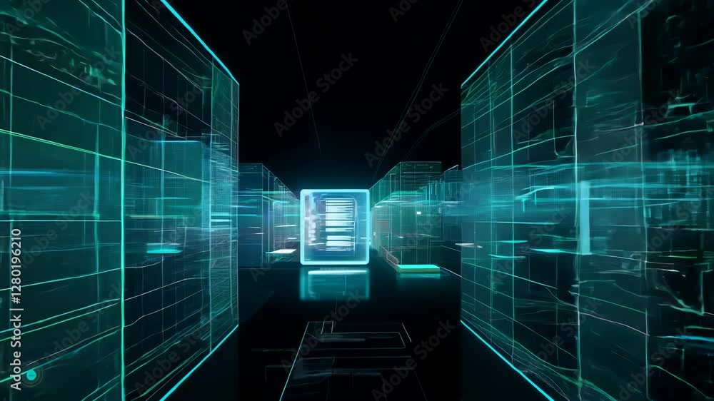 Poster Virtual data center corridor with cloud servers providing compute power