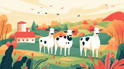 Three cartoon cows standing in a vibrant autumn landscape with a farmhouse and hills