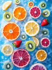 Vibrant Fruit Slices on Cloudy Blue Backdrop Colorful Citrus and Kiwi Medley Strawberry Delight