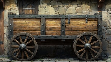 Obraz premium Medieval wooden cart, stone wall, storage, game asset