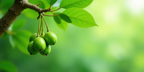 A cluster of unripe green fruits hangs delicately from a branch, nestled amidst vibrant green foliage, bathed in soft natural light, creating a serene and peaceful scene of nature's bounty.