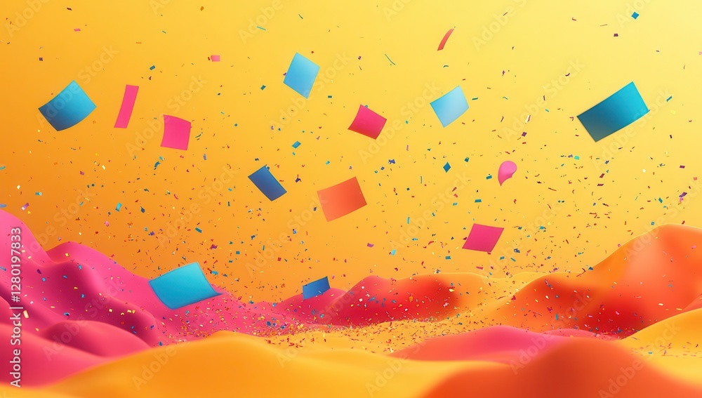 Poster vibrant abstract background with colorful geometric shapes and confetti over a smooth gradient lands