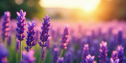 Fototapeta premium Serene Sunset Glow Illuminates Vibrant Lavender Field, Close-Up Detail of Blossoms Bathed in Golden Hour Light