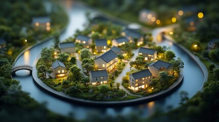 Miniature Village Scene with Illuminated Houses Surrounded by Water