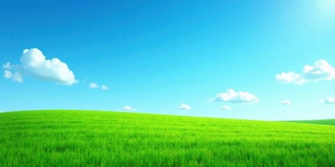 Obraz premium Serene Vista of Rolling Green Field Under a Vivid Blue Sky with Puffy White Clouds