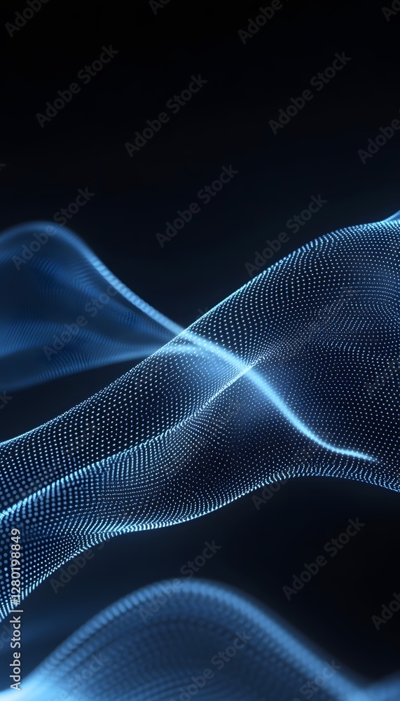 Poster glowing blue dots create a flowing wave pattern against a dark background