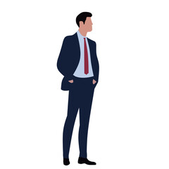Businessman in a Suit Standing Confidently
Professional vector illustration of a businessman in a navy suit with a red tie, standing confidently. Ideal for corporate, leadership, and professional care