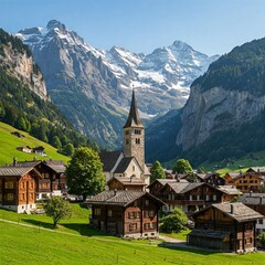Fototapeta premium Nestled in the Swiss Alps, the Village Features Charming Wooden Chalets and a Historic Church with a Striking Spire.