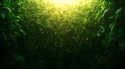 Naklejka premium Lush green foliage wall, vibrant tropical plants, sunlight filtering through leaves, natural background texture.