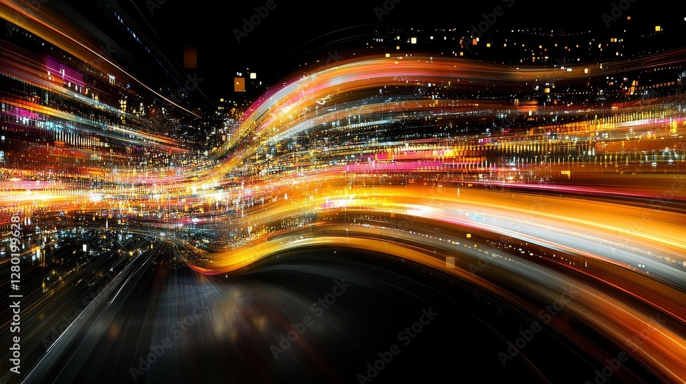 Poster dynamic city lights background with abstract glowing trails and blurred motion perfect for modern de