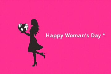 Pink background graphic design woman holding heart shaped globe and text