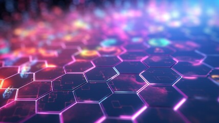 Fototapeta premium A vibrant network of interconnected hexagons pulsating with energy and data, glowing with pink and blue hues in a futuristic digital landscape.